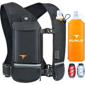 Running Vest for Women Men - Reflective Running Hydration Vest with 500ml Soft Water Bottle, Phone Holder, 2 LED Lights USB Rechargeable - 7 Pockets Runners Backpack Trail Jogging Marathon