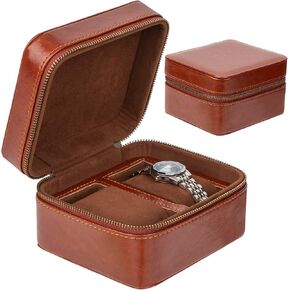 PU Leather Watch Case ، صندوق تخزين مربع مربع بسحاب مع فتحتين مملوءتين ، ومنظمات ساعة براون عتيقة تناسب الساعات والساعات الذكية ، حامل ساعة مضغوطة للرجال والنساء (بني)