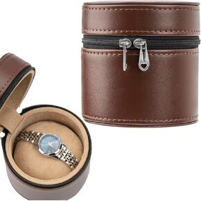 PU Leather Round Watch Case ، صندوق تخزين مراقبة منفردة مع وسادة ، منظم خمر يناسب الساعات والساعات الذكية ، حامل ساعة مضغوط للرجال والنساء (بني)