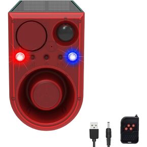 Solar Motion Sensor Alarm with 13Sounds Outdoor,WONFAST LED Red Blue Flashing Warning Security Strobe Light and 130db Loud Siren,Sound Recording Custom Message and for Farm Yard Orchard Barn (1PCS)