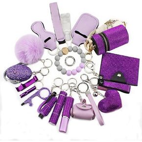 Shiny Safety Keychain Set with Personal Alarm, 19 Pcs Keychain Accessories Kit with Whistle Pompom, Gift Set for Women