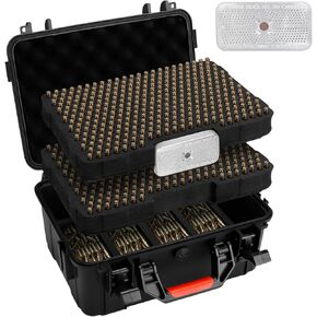 Tigerking 640 CASE Round Ammo Storage - 9MM Travel Travel Safe/Mil SPEC/DANED AMMO BOX مع مقصورة أدوات إضافية - يناسب 9 مم ، .380 ACP ، .357 SIG ، 38 S & W