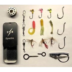 Compact Mini Survival Fishing Kit, Includes a Variety of jigs, Flies, Hooks, Fishing line, 90+ ft Bobbin of 15 lb. Test Braided line. Camping, Hiking, Backpacking, go Bag Fishing kit.