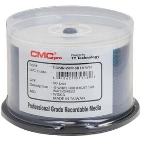 100 CMC Pro 16X DVD-R 4.7GB Water Shield White Inkjet Hub Printable