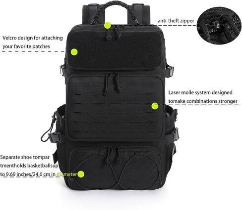 Tactical Military Backpack, Large Capacity Molle System, Multi-Compartment Design with Shoe Storage, Black (black) in Saudi Arabia