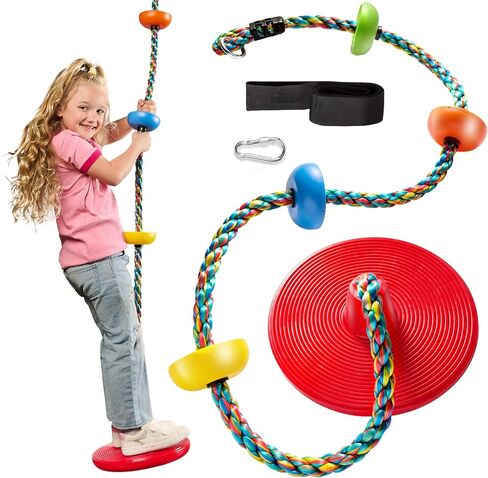 Jungle Gym Kingdom Tree Swing for Kids - Single Disc Seat and Rainbow Climbing Rope Set w/Carabiner and 4 Foot Strap - Treehouse and Outdoor Playground Accessories - Red in Saudi Arabia
