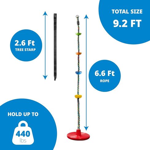 Jungle Gym Kingdom Tree Swing for Kids - Single Disc Seat and Rainbow Climbing Rope Set w/Carabiner and 4 Foot Strap - Treehouse and Outdoor Playground Accessories - Red in Saudi Arabia
