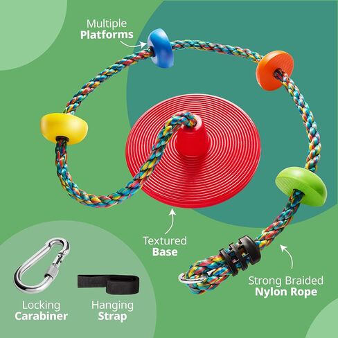Jungle Gym Kingdom Tree Swing for Kids - Single Disc Seat and Rainbow Climbing Rope Set w/Carabiner and 4 Foot Strap - Treehouse and Outdoor Playground Accessories - Red in Saudi Arabia