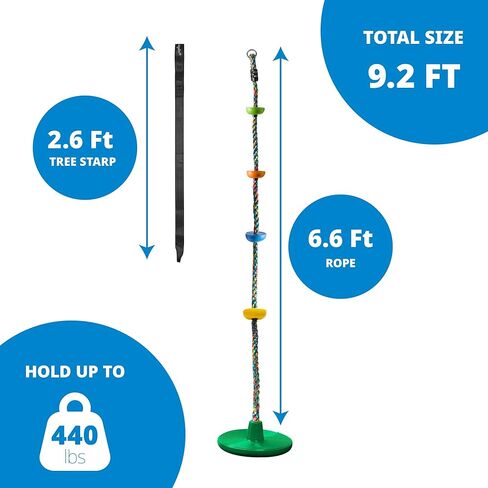 أرجوحة شجرة المملكة من جنجل جيم للأطفال - مقعد قرص واحد ومجموعة حبل تسلق قوس قزح مع حلقة تسلق وحزام 4 أقدام - ملحقات بيت الشجرة والملعب الخارجي - أزرق in Kuwait