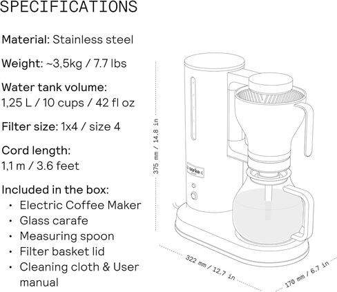 Aarke Coffee Maker-تصفية القهوة الكهربائية للمرشح ، الفولاذ المقاوم للصدأ ، قنينة زجاجية ، صفيحة ساخنة ذكية ، 2-10 كوب ، 250 مل -1.25 لتر in Kuwait