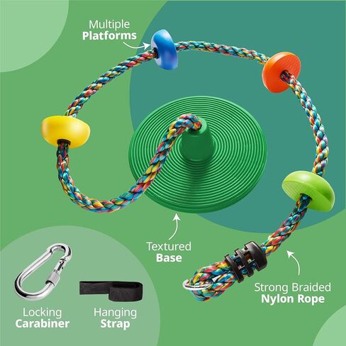 أرجوحة شجرة المملكة من جنجل جيم للأطفال - مقعد قرص واحد ومجموعة حبل تسلق قوس قزح مع حلقة تسلق وحزام 4 أقدام - ملحقات بيت الشجرة والملعب الخارجي - أزرق in Kuwait