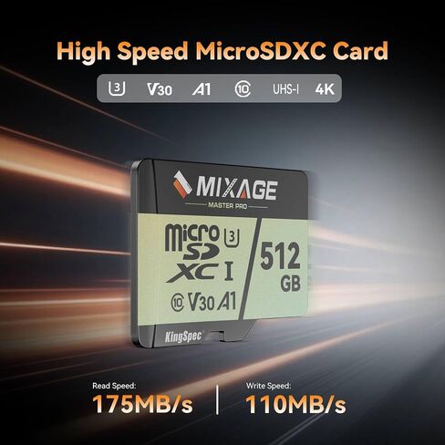 MIXAGE 256GB MicroSDXC Card UHS-I U3/V30/A1/C10-175MB/s Read 110MB/s Write, 4K UHD Video Recording - 3D NAND Flash SD Memory Card for Smartphones, Gaming Consoles, Dash/Security & Sports Cameras in Kuwait