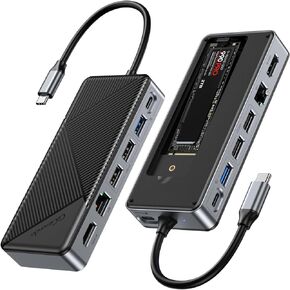 محطة إرساء GM28PR M.2 NVMe SATA SSD - محور متعدد المنافذ بسرعة 10 جيجابت في الثانية، PD100W، USB-C بسرعة 10 جيجابت في الثانية، HDMI 4K 60 هرتز، جيجابت إيثرنت، قاعدة M.2 لأجهزة الكمبيوتر المحمول/Mac، أسود