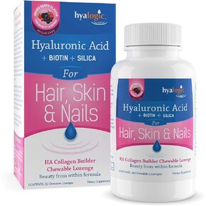 Hyalogic Hair Skin & Nails Hyaluronic Acid Collagen Builder – Delicious Berry Flavored Collagen Boost Chewable Lozenges – Sugar Free Vegan Collagen Ideal to Enhance Your Natural Beauty – 30 Count