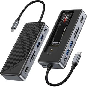GM28PR M.2 NVMe SATA SSD Enclosure Docking Station - 10Gbps Multi Ports Hub, PD100W, USB-C 10Gbps, HDMI 4K 60Hz, Gigabit Ethernet, M.2 Dock for Laptop/Mac, Black