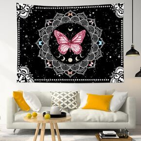 LB Butterfly Mandala Wall Tapestry Blue Butterfly Black and White Mandala Bohemian Tapestry Wall Hanging Star Moon Phase Aesthetic Tapestry for Bedroom Living Room Decor Home Decor 48Wx36L Inches