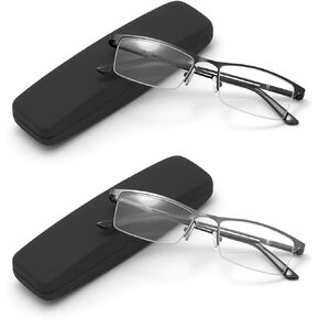 2-Pack Reading Glasses for Men Women with Hard Cases, Spring Hinge Metal Readers Clear Blue Light Blocking Lens