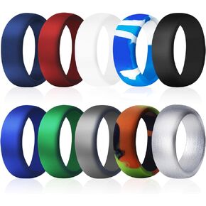 COOLOO Silicone Wedding Ring for Men, 10 Pack Affordable Silicone Rubber Wedding Bands Sturdy Comfortable Rings, Black White Blue Silver Gray