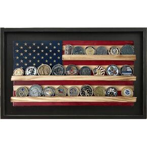 Flags of Valor Framed American Flag Challenge Coin Display, Holds 25 Military Coins, Military Coin Holder Wall Decor Made in USA by Veterans, Ready to Hang US Flag, (Small, 15" H x 23" W)