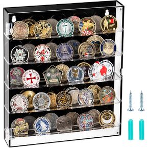 Coin Holder, Challenge Coin Display Box with Removable Shelves and Magnetic Door, Acrylic Challenge Coin Holder, Clear Coin Case Coin Box fits 45 Military Medals Poker Chip Pins Badges (Black)