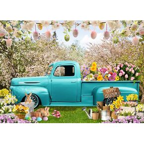 SJOLOON Spring Easter Backdrop Colorful Eggs Rabbit Blue Truck Flowers Backdrop for Easter Party Decoration Banner Baby Shower 12536 (7x5FT)