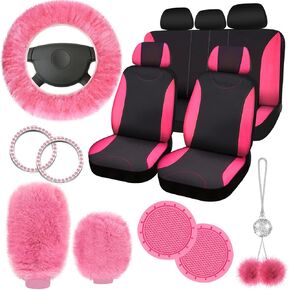 17 Pcs Car Seat Cover Full Set Pink Seat Covers for Cars for Women Universal Car Front and Rear Seat Covers with Fluffy Soft Steering Wheel Cover Shift knob Cover Car Hanging Ornament in Kuwait