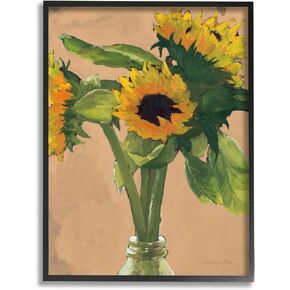 Stupell Industries Blushing Sunflower Stalks Flower Vase Glass Bottle Black Framed Wall Art, 11 x 14, Green