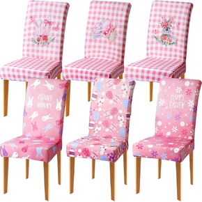 6 Pcs Easter Chair Covers Dining Chair Slipcover Bunny Egg Flower Removable Seat Covers Pink Buffalo Plaid Washable Spring Seat Chair Protector Cover for Room Kitchen Easter Party Decor