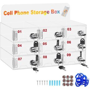 Cell Phone Locker Box Acrylic Cell Phone Storage Cabinet Wall-Mounted Cell Phone Lock Box with Door Locks & Keys Cell Phone Organizer for Office School Classroom (9 Slots)