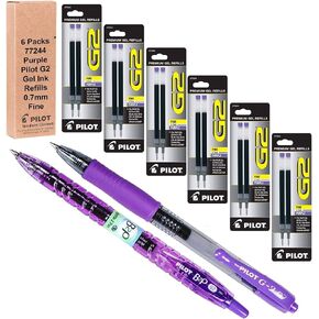 Pilot G2 Refills, Purple Ink 0.7mm Fine, 6 Packs of Refills Plus 1 Pilot G2 07 Purple Pen and 1 Pilot B2p Purple Pen
