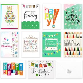 120 Happy Birthday Cards with Short Generic Message Inside, Assorted Greeting Notes Bulk with Envelopes and Stickers, 10 Unique Designs, 4x6 Inch