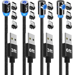كابل شحن مغناطيسي من TOPK، 4 عبوات [3أقدام/3أقدام/6أقدام/6أقدام] 3 في 1 شاحن هاتف USB مجدول من النايلون، يدور 360 درجة متوافق مع Micro USB، النوع C، iProduct ومعظم الأجهزة in Kuwait