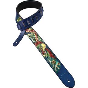 Walker And Williams KB-32 Skinny Series 2" Wide Cobalt Blue Premium Grain Leather Padded Guitar Strap With Hand Tooled Red And Gold Phoenix Design