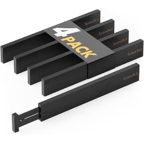 SpaceAid 4 Pack Bamboo Drawer Dividers with Labels, Kitchen Adjustable Drawer Organizers, Expandable Organization for Home Clothes Dressers (17-22 in, Black)