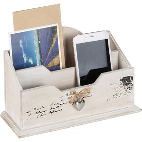 MyGift Whitewashed Solid Wood Mail Holder, Desktop Organizer and Stationery Caddy with 2 Compartments and Decorative Metal Heart Ornament