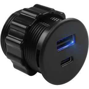 QIANRENON 2 Port USB C & USB Threaded Fixed Fast Charging Adapter 15W USB C + USB A Embedded Mount Round Connector Socket 5V/3.1A,LED Light, Mount on Furniture Desktop, Black (only for USB Charge)