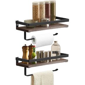 BESy Floating Shelves Wall Mounted Storage Shelves with Towel Rack Rails Bar, Paper Towel Holder with Shelf for Kitchen, Bathroom Tissue Roll Hanger, Matte Black Metal Frame, Set of 2 Black