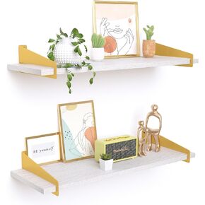 upsimples Wall Shelves for Decor, Long Black Gold Floating Shelves Wall Mounted Set of 2, Sturdy Rustic Wood Shelves Hanging for Bedroom, Living Room, Bathroom, Kitchen, Corner, Book Storage 23.6inch