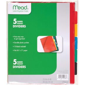 Mead Tab Dividers with Pocket, 3 Hole Punch, Fits 3 Ring Binder, Assorted Colors, 5 Pack (20038)
