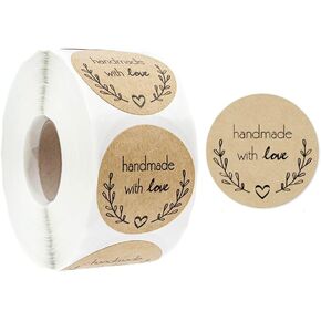 500 Pcs Handmade with Love Stickers Roll , 1Inch Kraft Paper Stickers Heart Shape Lables Tags for Baking, Packaging,Envelope Seals, Birthday,Party Gift Wrap Bag (Style 1)
