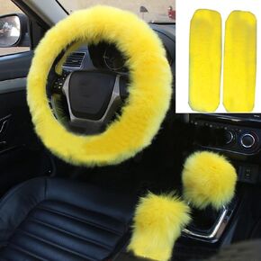 1 Set 5 Pcs Fluffy Steering Wheel Cover Set & Handbrake Cover & Gear Shift Cover Set & Seat Belt Shoulder Pads Car Interior Furry Steering Wheel Covers Fit for 15 Inch (Yellow)