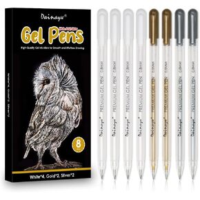 dainayw White Gel Pen Set, 0.8 mm Nibs Gel Ink Pens, Also includes Gold and Silver, White Rollerball Pens for Black Paper Drawing, Sketching, Illustration Design, Pack of 8 in Kuwait