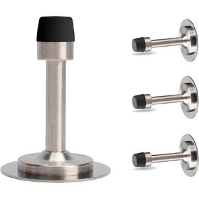 No Drill/Screw in Wall Mounted Door Stoppers Door Stops for Bottom of Door Self Adhesive Stainless Steel Doorstop with Rubber Bumper Tip Wall Protector, Pack of 4, 3 Inch, Silver