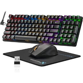 Wireless Gaming Keyboard and Mouse Combo, 98 Keys RGB Backlit Blue Switch Mechanical Keyboard, Ergonomic Wireless Gaming Mice with Mouse Pad, 3-Mode USB-C/2.4G/BT5.0, Anti-Ghosting for PC Laptop Gamer