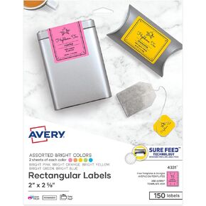 Avery Labels with Sure Feed, Assorted Bright Colors, 2" x 2-5/8", Laser/Inkjet, 150 Labels (4331)