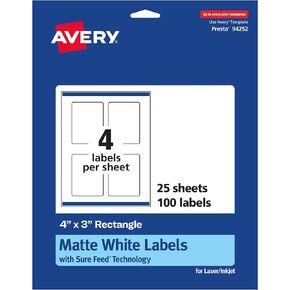 Avery Matte White Rectangle Labels with Sure Feed, 4" x 3", 100 Matte White Printable Labels