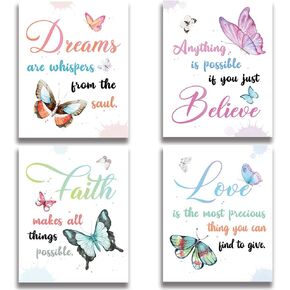 Watercolor Butterfly Inspirational Quote Wall Art Print, Faith Love Dreams Believe Calligraphy Wall Art Printing for Home Office Classroom Decoration Set of 4, No Frame (8"X10") (Dream)
