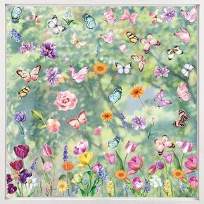 132 Pcs Spring Window Clings, 9 Sheets Window Decoration Tulip Butterfly Flower Clings for Window Glass Decoration Spring Party Baby Shower Birthday Supplies