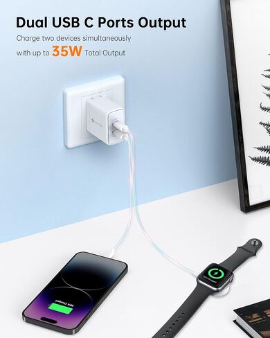 شاحن حائط جان 120 وات، شاحن محمول 3 منافذ، شاحن USB C صغير الحجم، محول كمبيوتر محمول سريع لأجهزة MacBook Pro/Dell/iPhone 15 Pro مع كابلين in Kuwait