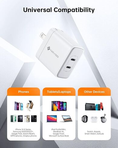 شاحن حائط جان 120 وات، شاحن محمول 3 منافذ، شاحن USB C صغير الحجم، محول كمبيوتر محمول سريع لأجهزة MacBook Pro/Dell/iPhone 15 Pro مع كابلين in Kuwait
